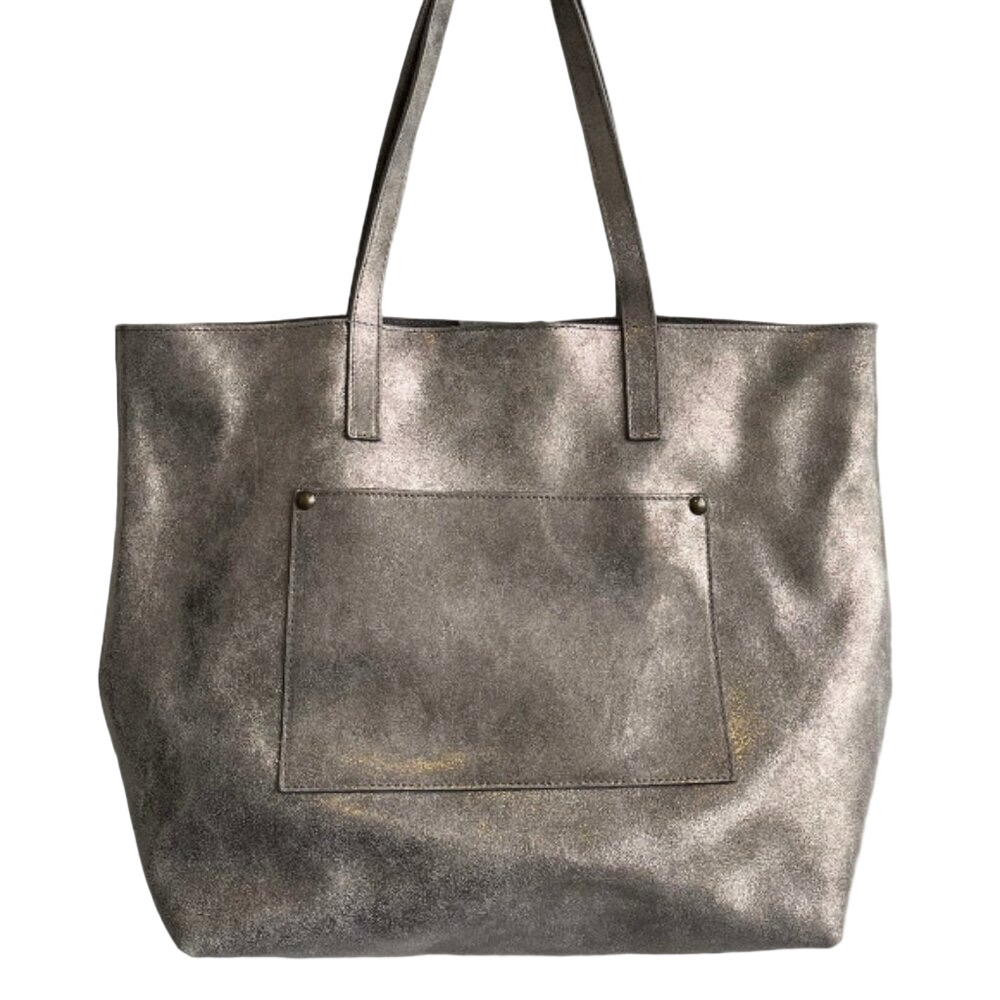 Garnet Hill Leather Tote Functional Pockets Suede Interior Shimmering Gray
